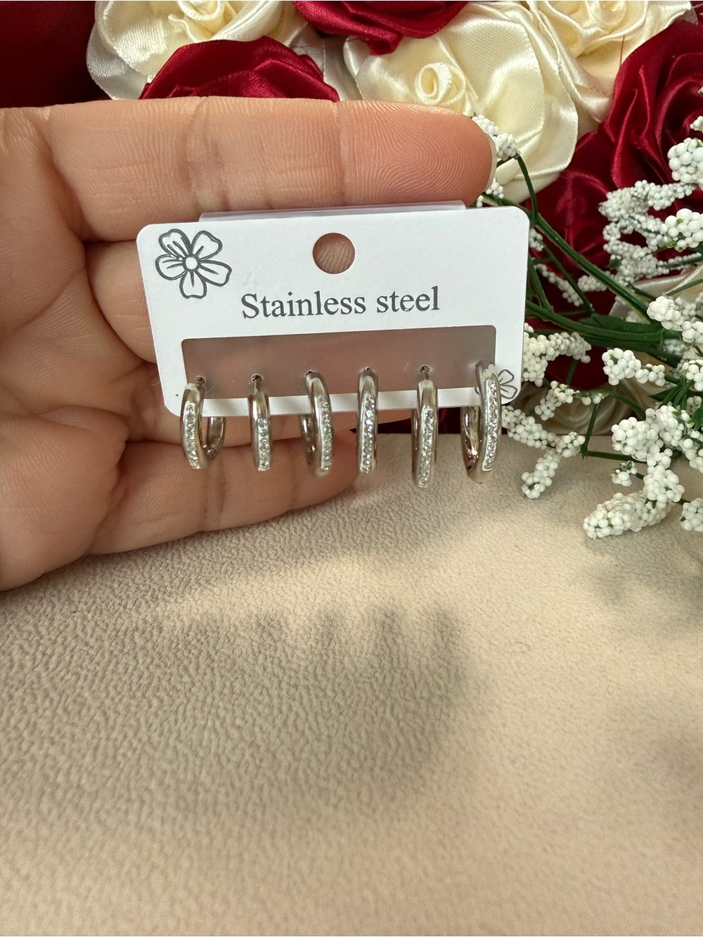 Stainless Steel Silver Pavé Hoop Earring Set - 3 Pairs